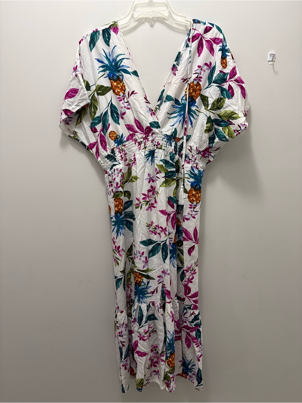 blue island White Maxi Dress with Pink & Green Tropical Print